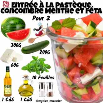 Entrée à la pastèque, concombre, menthe et féta